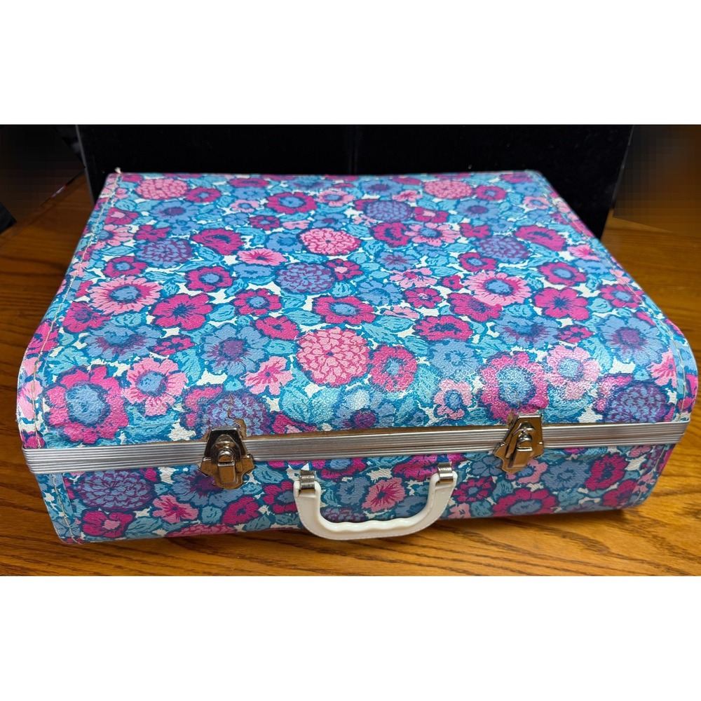 Vintage Floral Hard Shell Suitcase, Blue Pink, 60s/70s - Mary Poppins Inspired